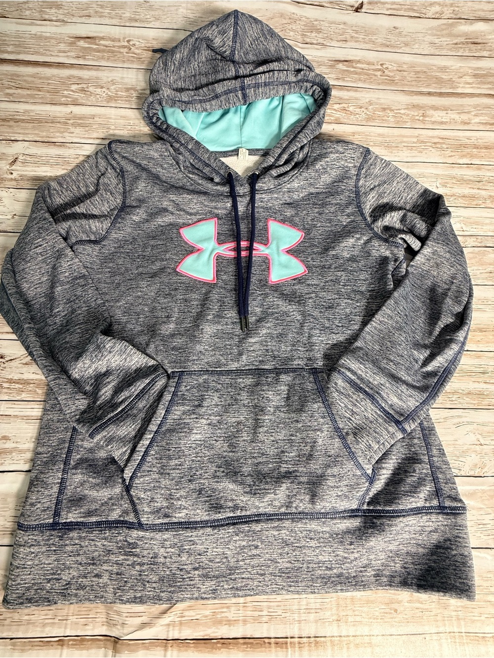 Under Armour Gray Heather Hoodie with Aqua & Pink Logo NO SIZE TAG SMALL?